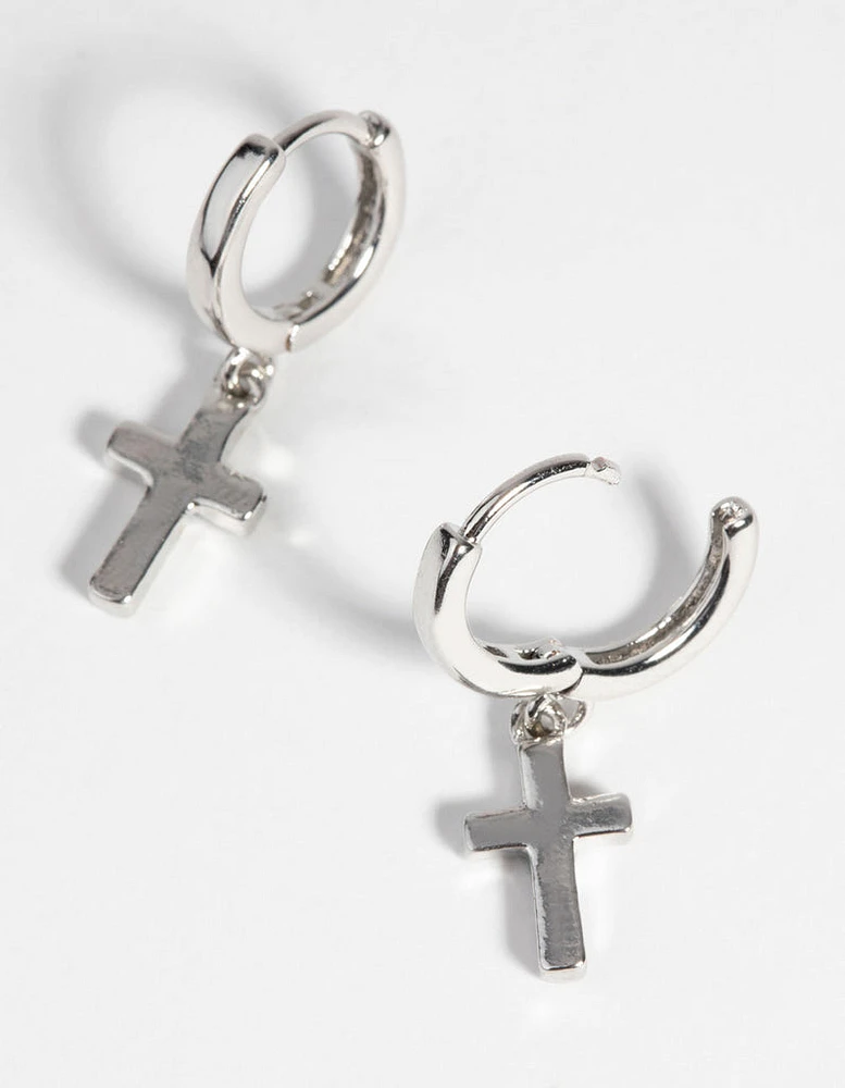 Rhodium Cross Huggie Hoop Earrings