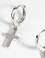 Rhodium Cross Huggie Hoop Earrings