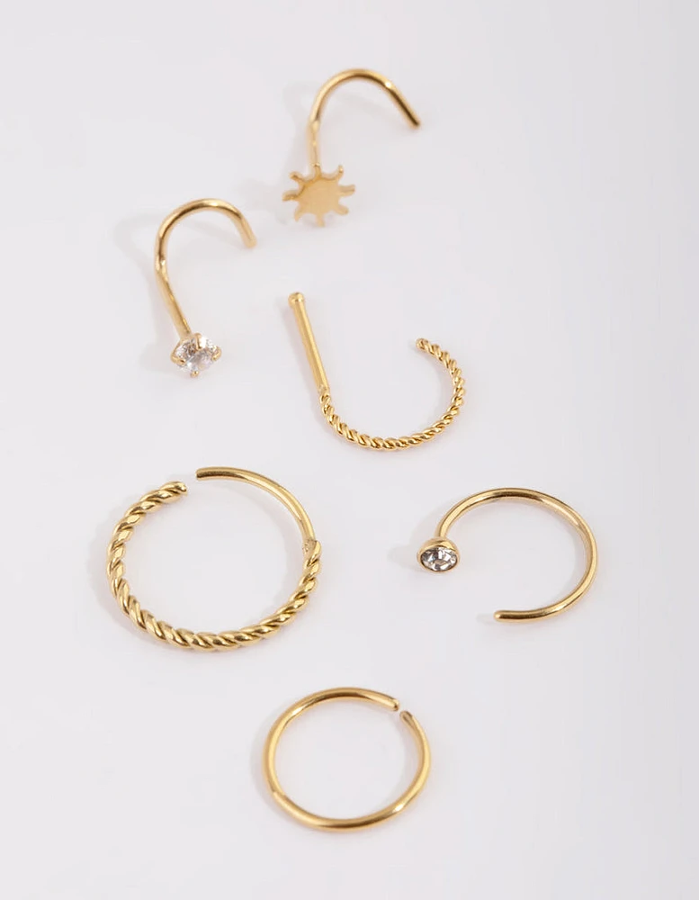 Gold Plated Surgical Steel Diamante Twist Nose Stud 6-Pack