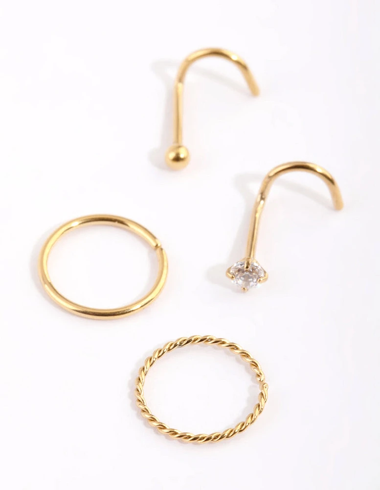 Gold Plated Surgical Steel Diamante Twisted Nose Ring 4-Pack