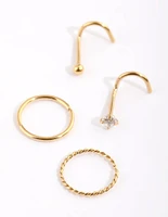 Gold Plated Surgical Steel Diamante Twisted Nose Ring 4-Pack