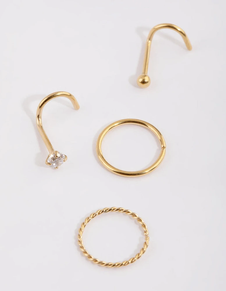 Gold Plated Surgical Steel Diamante Twisted Nose Ring 4-Pack