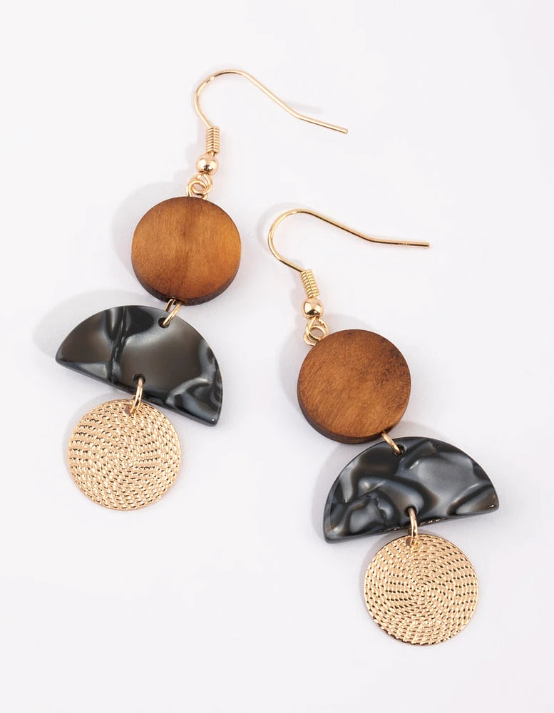 Gold Wooden Bead Drop Earrings