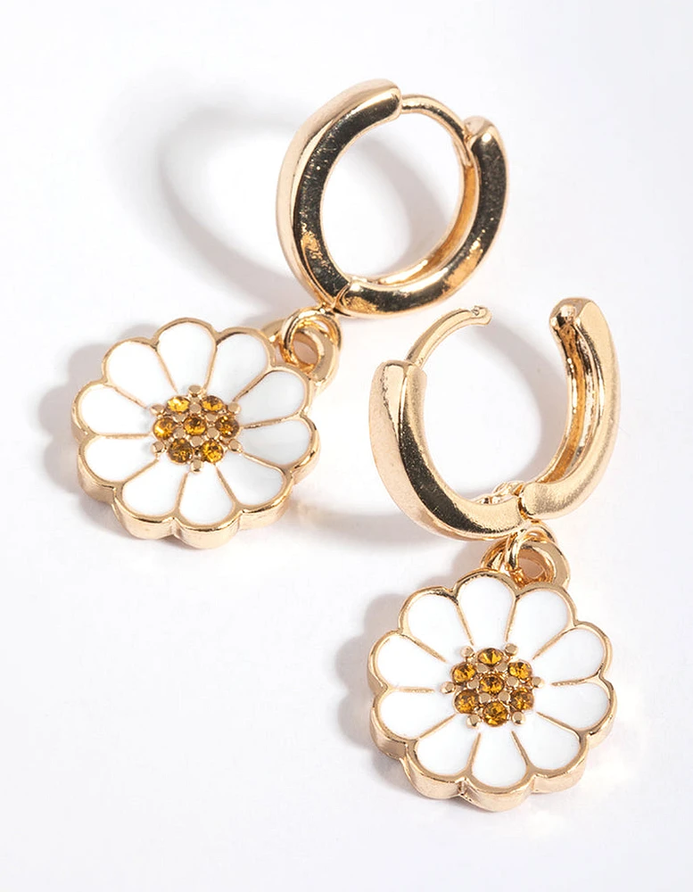 White Daisy Huggie Hoop Earrings