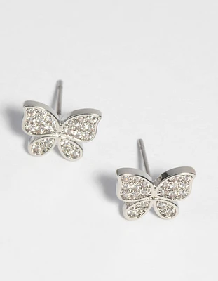 Rhodium Cubic Zirconia Butterfly Stud Earrings