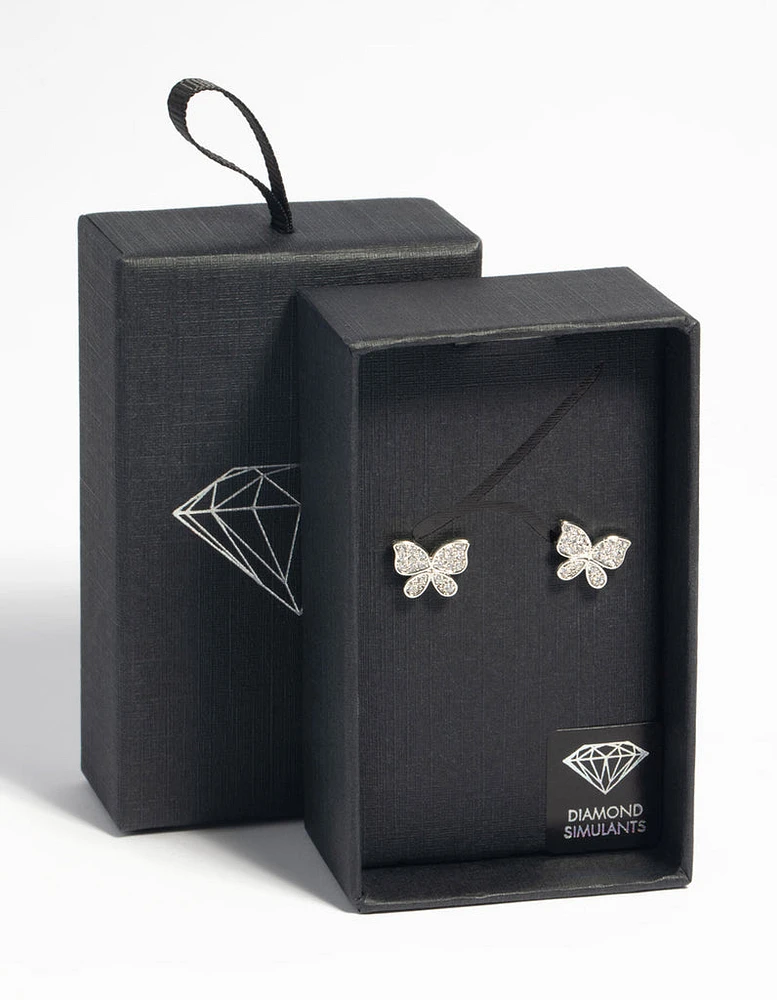 Rhodium Cubic Zirconia Butterfly Stud Earrings