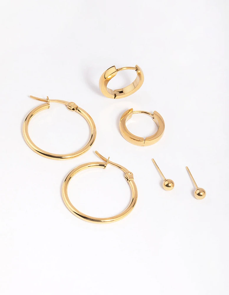 Gold Plated Stainless Steel Ball Stud Earring Pack