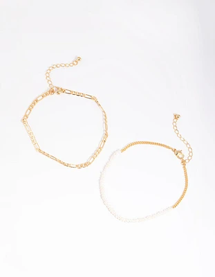 Gold Plated Figaro & Freshwater Pearl Anklet Set