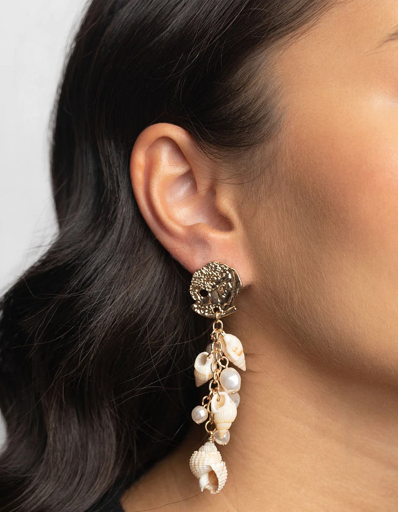 Gold Shell & Pearl Drop Earrings