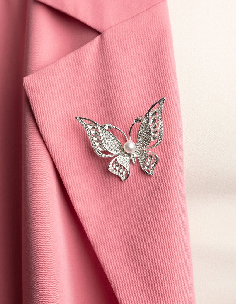 Silver Butterfly & Pearl Brooch