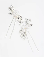 Silver Pearl Flower Diamante Pin Pack