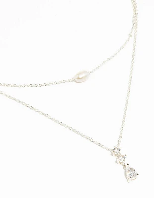 Silver Cubic Zirconia Freshwater Pearl Layered Necklace