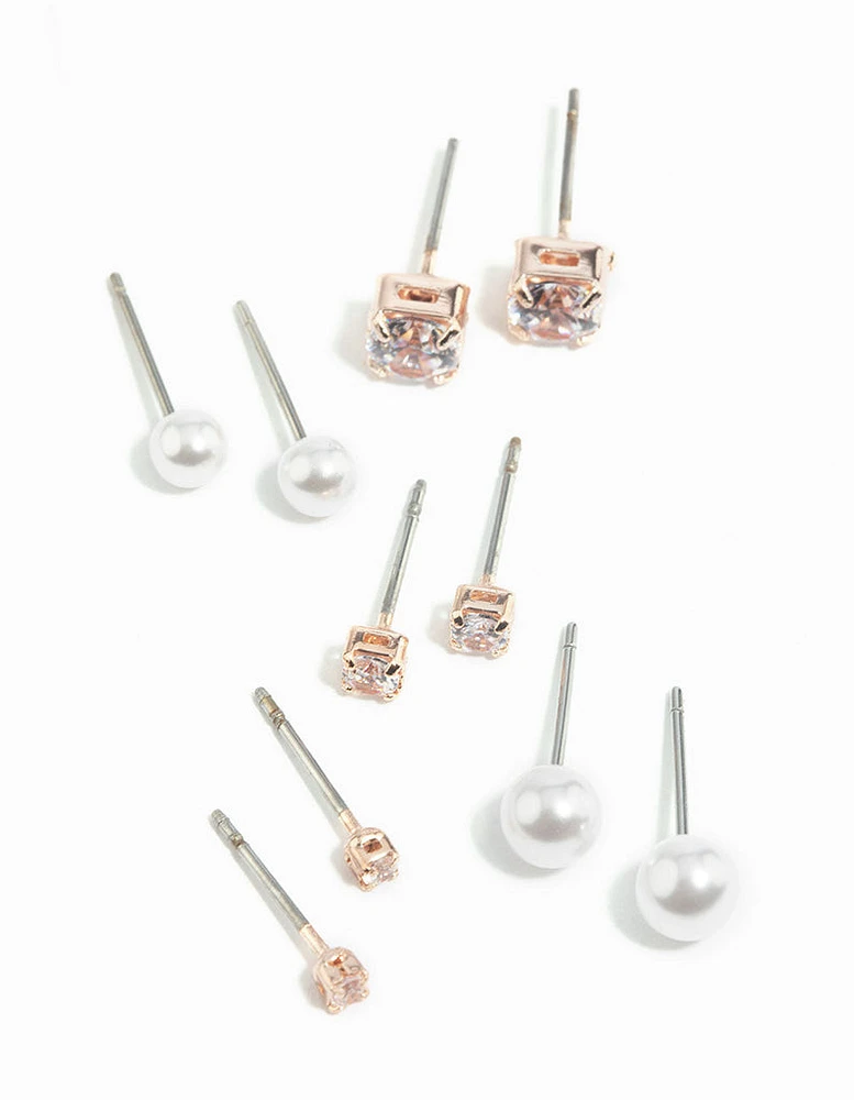 Rose Gold Diamante Stud Earring 5-Pack