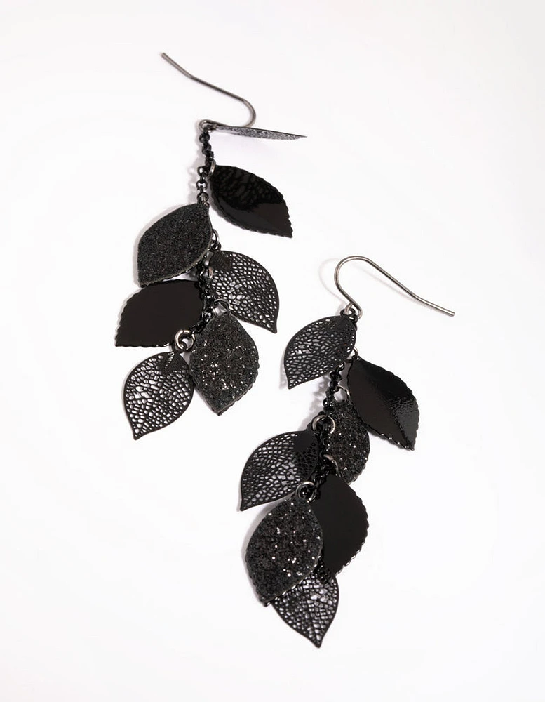 Matte Black Glitter Leaf Drop Earrings