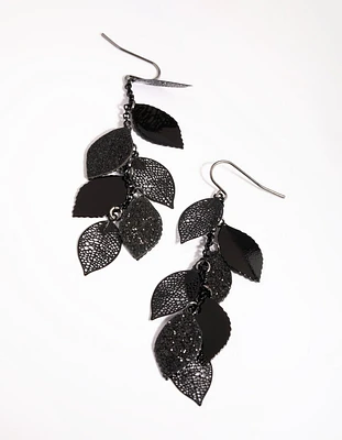 Matte Black Glitter Leaf Drop Earrings