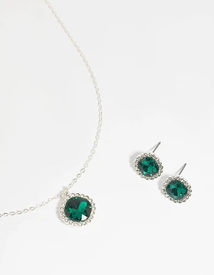 Green Cushion Halo Necklace & Earrings Set