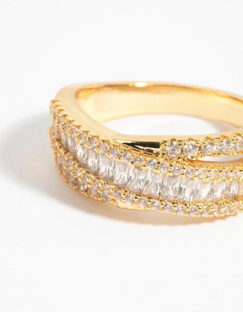 Gold Plated Cubic Zirconia Crossover Baguette Ring