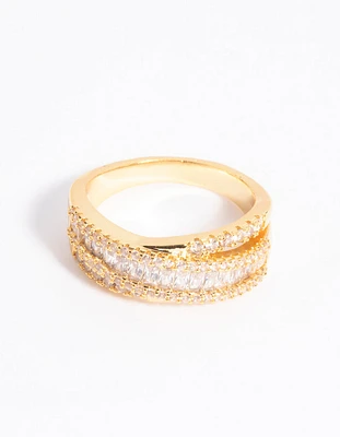 Gold Plated Cubic Zirconia Crossover Baguette Ring