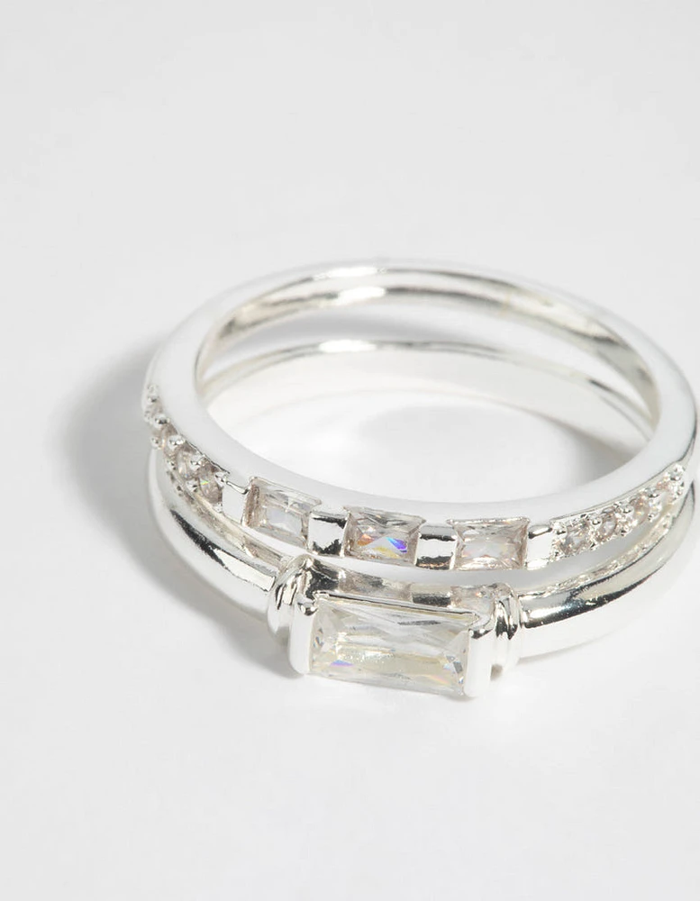 Silver Plated Emerald Cut Cubic Zirconia Ring Set