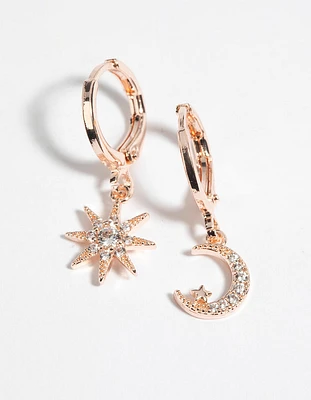 Rose Gold Diamante Celestial Huggie Hoop Earrings