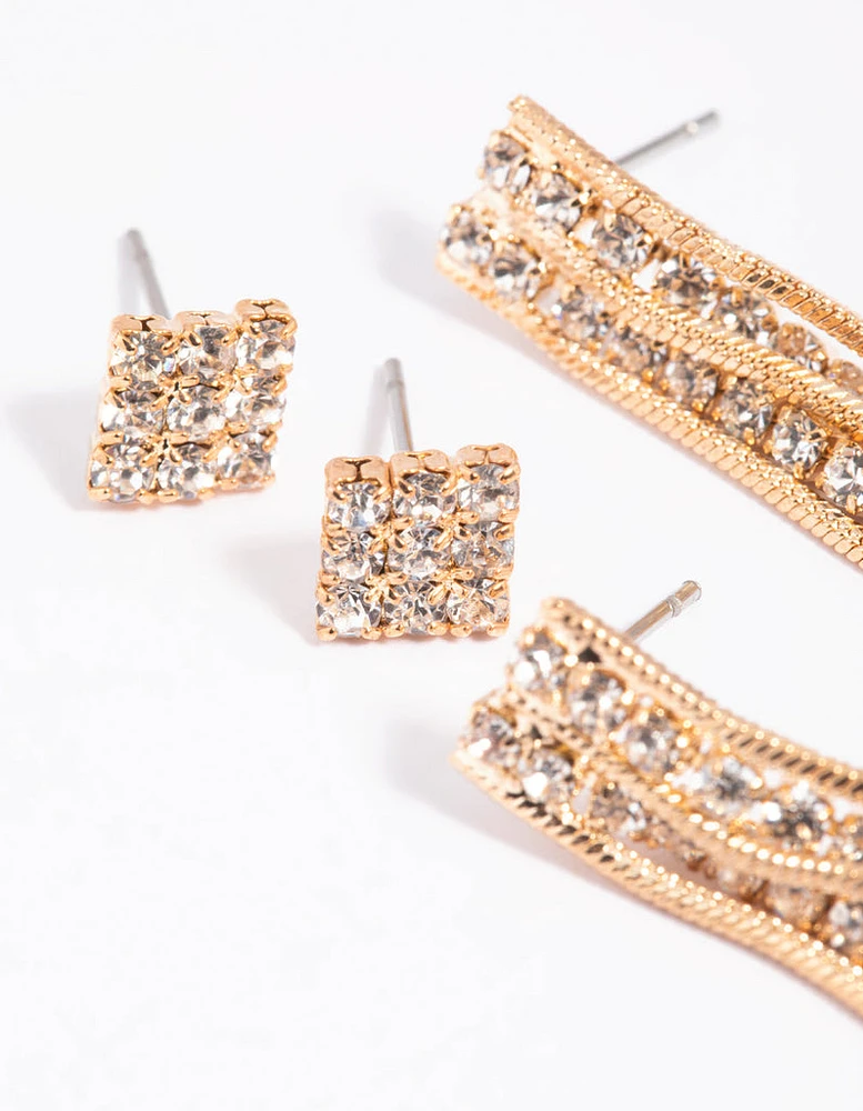 Gold Diamante Stud Earring Set