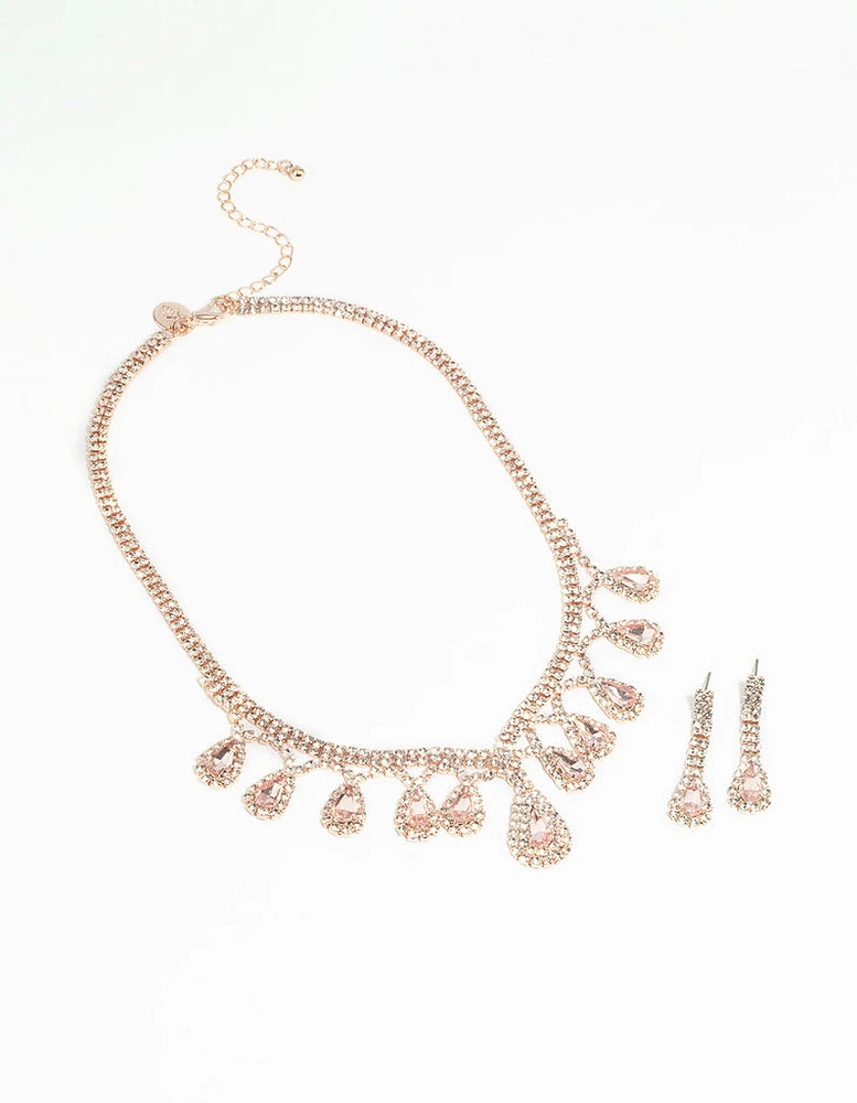 Rose Gold Teardrop Diamante Necklace & Earrings Set