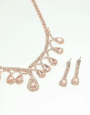 Rose Gold Teardrop Diamante Necklace & Earrings Set