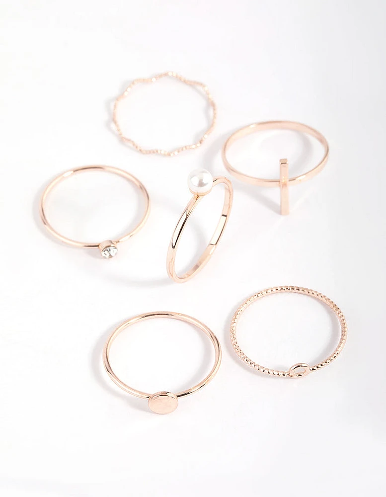 Rose Gold Dainty Pearl Ring Stack 6-Pack