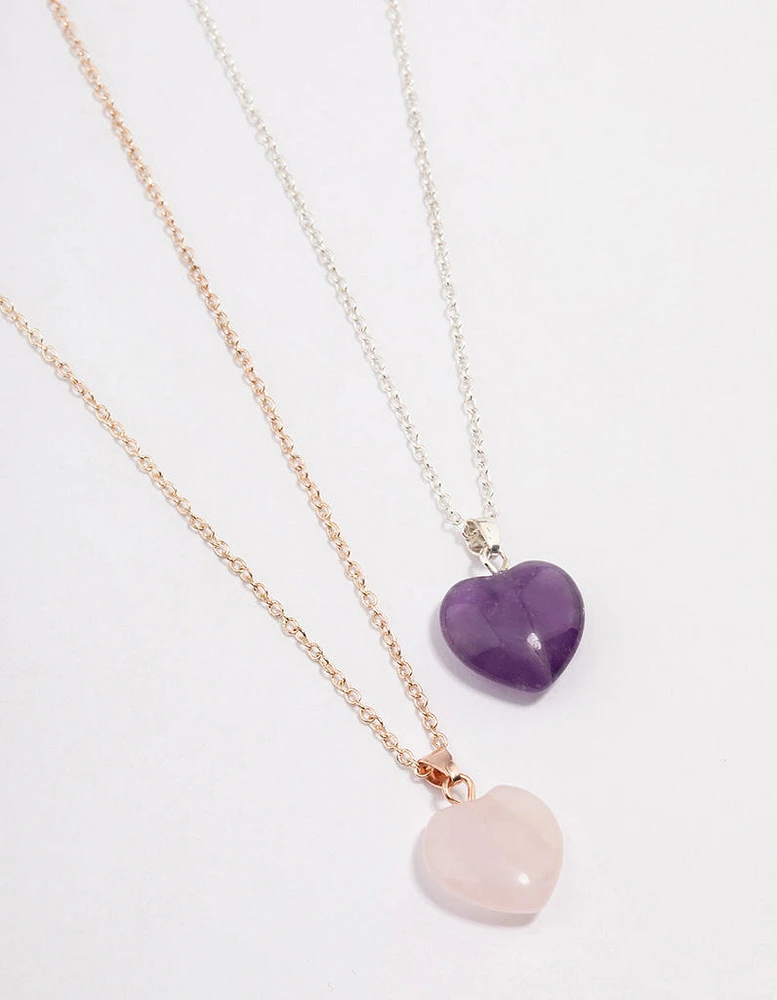 Mixed Metal Semi-Precious Heart Necklace Set