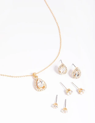 Gold Diamond Simulant Diamante & Pearl Necklace & Earrings Set