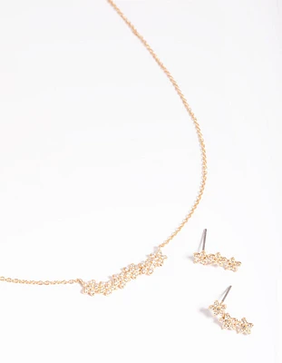 Gold Diamond Simulant Flower Necklace & Earrings Set