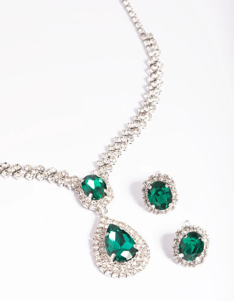 Rhodium Diamond Simulant Emerald Necklace & Earrings Set