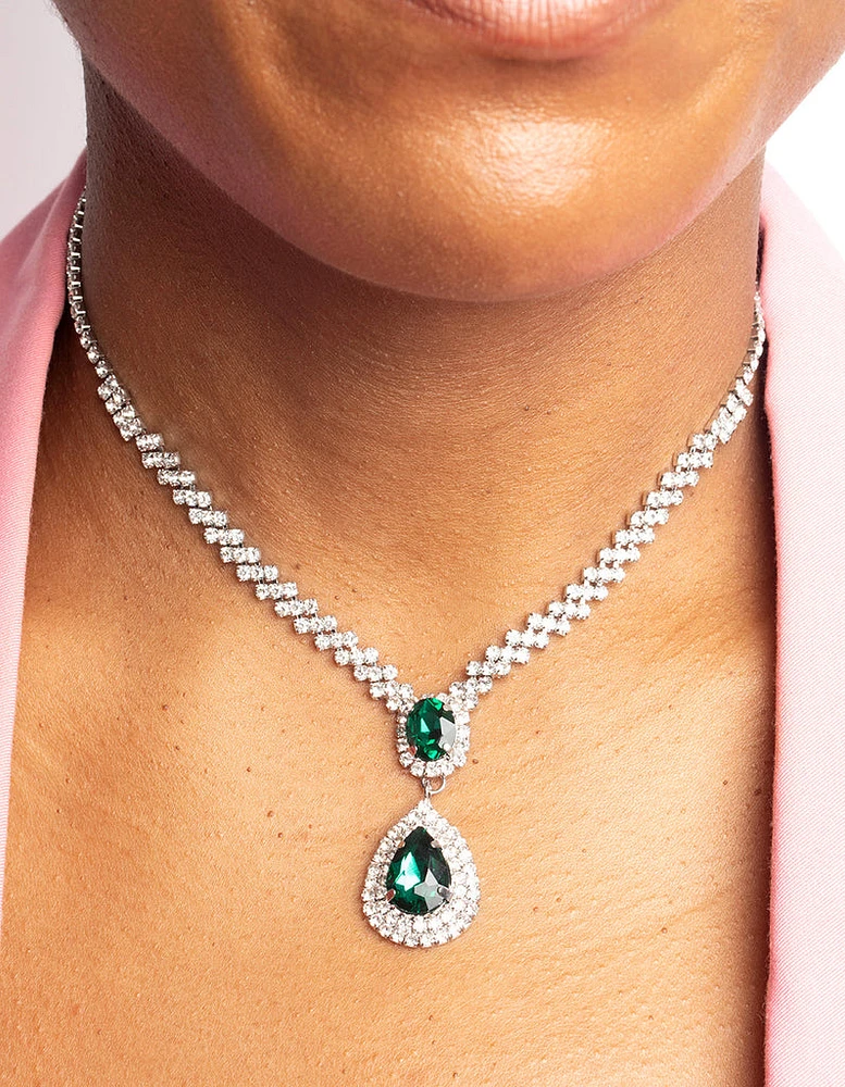 Rhodium Diamond Simulant Emerald Necklace & Earrings Set