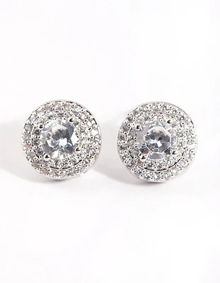 Rhodium Cubic Zirconia Round Halo Stud Earrings