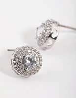 Rhodium Cubic Zirconia Round Halo Stud Earrings