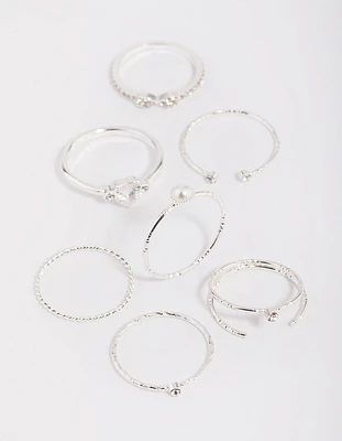 Silver Dainty Diamante & Pearl Ring Pack