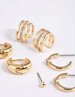 Gold Plated Diamante Cuff Stud & Hoop Earring 4-Pack