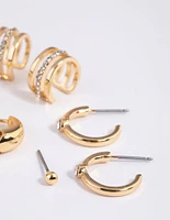 Gold Plated Diamante Cuff Stud & Hoop Earring 4-Pack