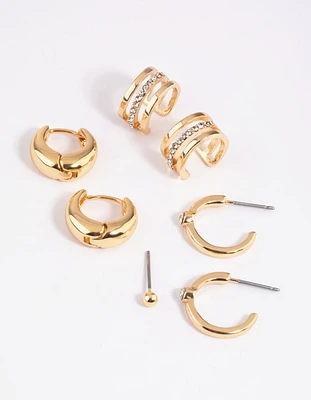 Gold Plated Diamante Cuff Stud & Hoop Earring 4-Pack