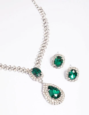 Green Diamante Teardrop Necklace & Earrings Set