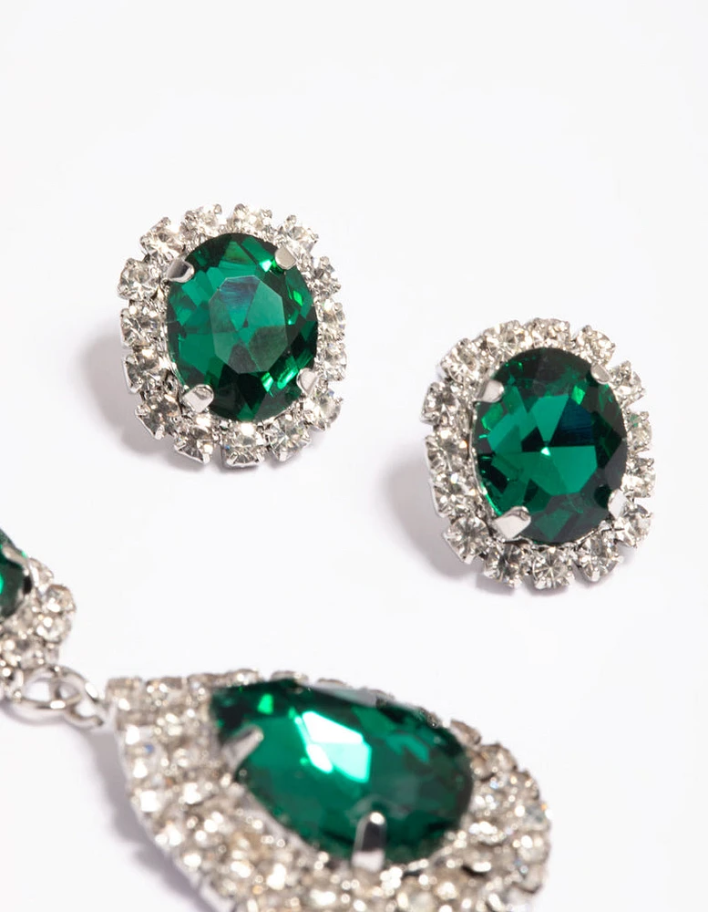 Green Diamante Teardrop Necklace & Earrings Set