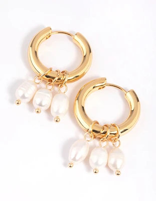 Gold Plated Freshwater Pearl Huggie Hoop Earrings