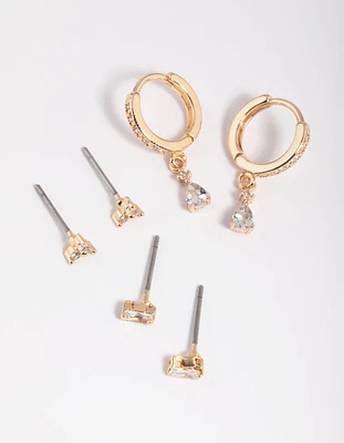 Gold Cubic Zirconia Dainty Stud & Huggie Earring Stack Pack