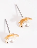 Gold Pearl & Flower Stud Earrings