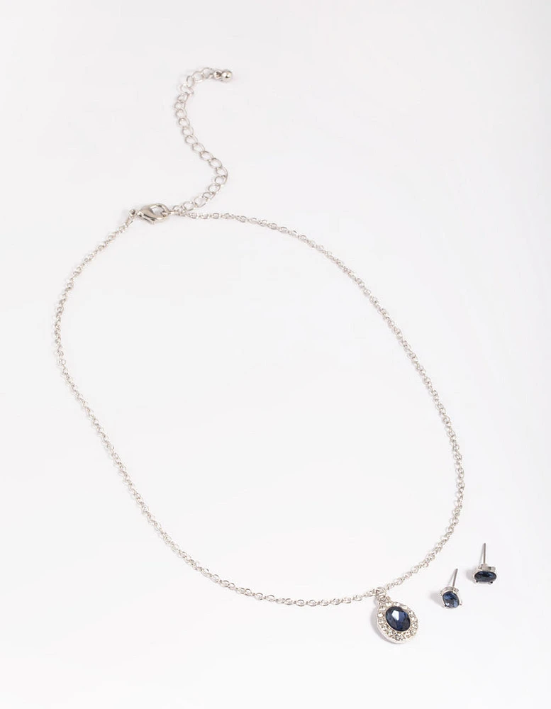 Rhodium Oval Diamante Necklace & Earrings Set