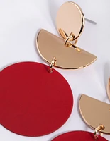 Red Geometric Disc Drop Earrings