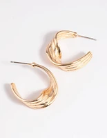 Gold Warped Text Hoop Earrings