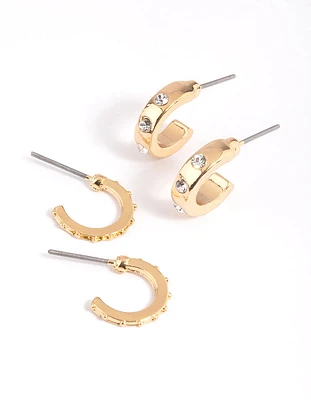Gold Text & Diamante Huggie Hoop Earring Set