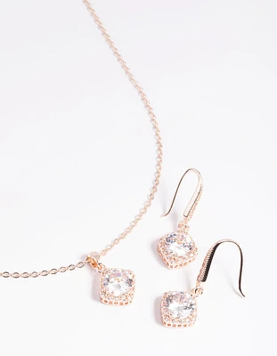 Rose Gold Cubic Zirconia Cushion Necklace & Earrings Set