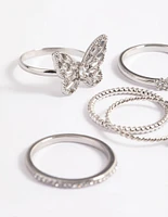 Rhodium Cubic Zirconia Butterfly Ring Stack Pack